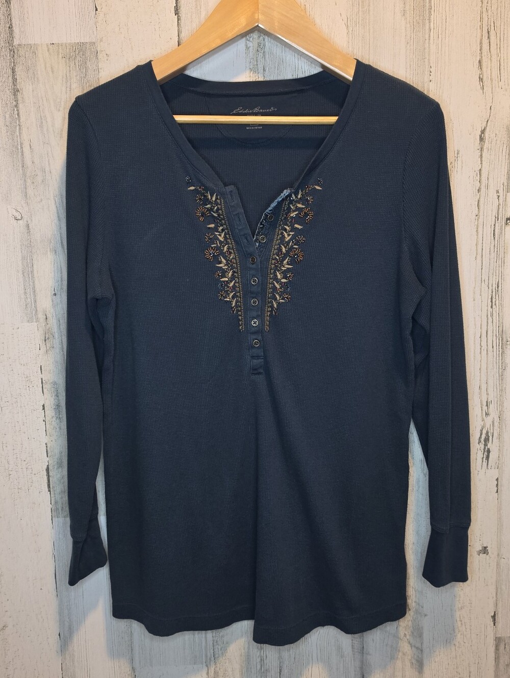 Eddie Bauer Women XXL Blue Waffle Henley Beaded Embroidered Velvet Trim Top